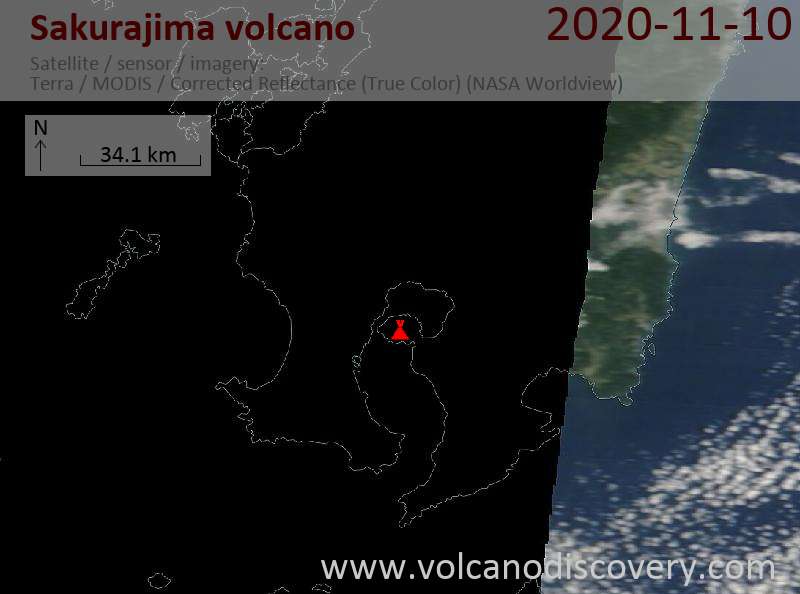 Satellite image of Sakurajima volcano on 10 Nov 2020