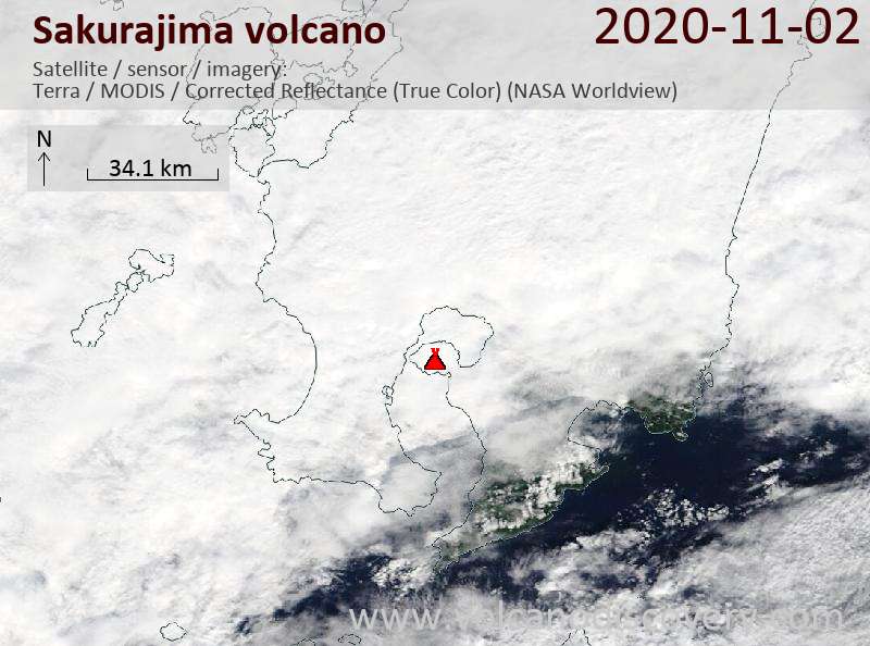 Satellite image of Sakurajima volcano on  2 Nov 2020