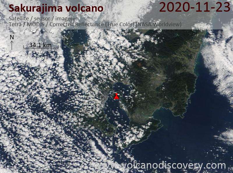 Satellite image of Sakurajima volcano on 23 Nov 2020