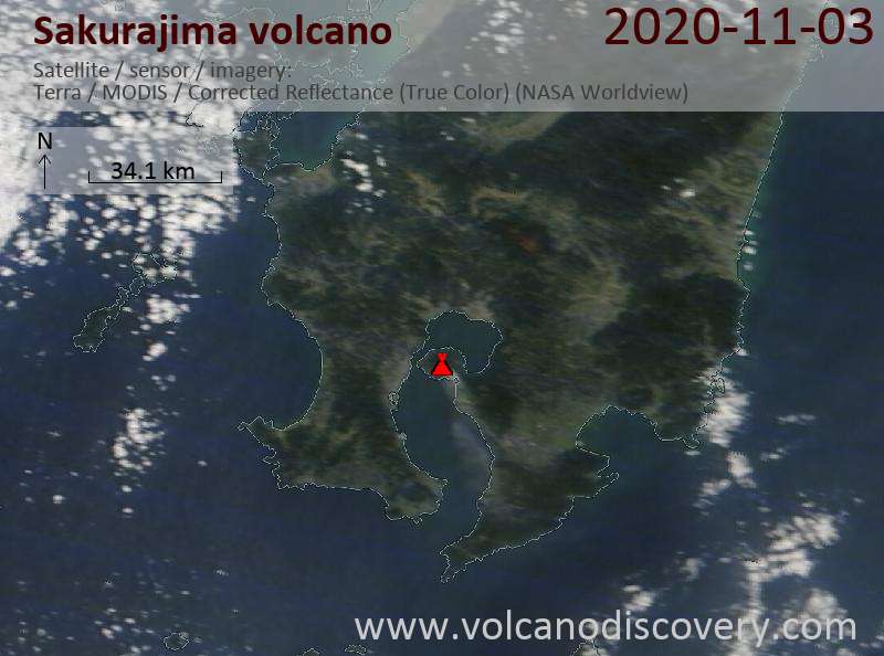 Satellite image of Sakurajima volcano on  3 Nov 2020