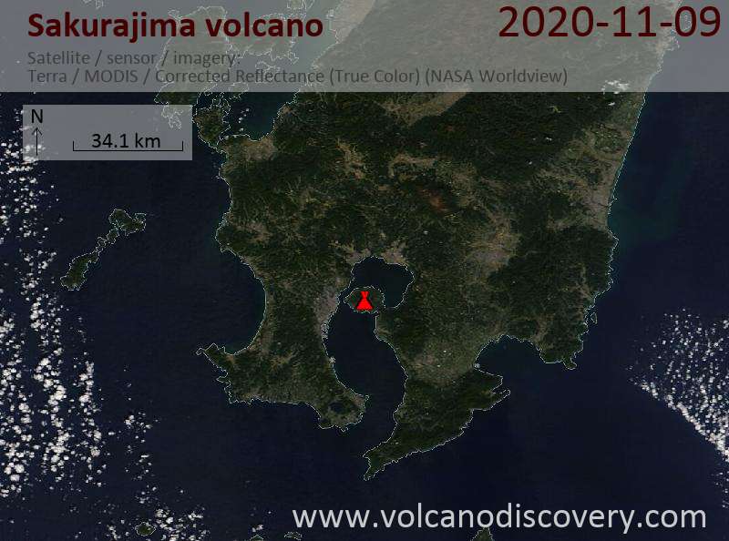 Satellite image of Sakurajima volcano on  9 Nov 2020