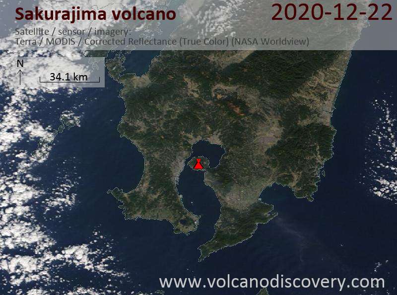 Satellite image of Sakurajima volcano on 22 Dec 2020