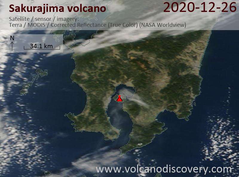 Satellite image of Sakurajima volcano on 26 Dec 2020