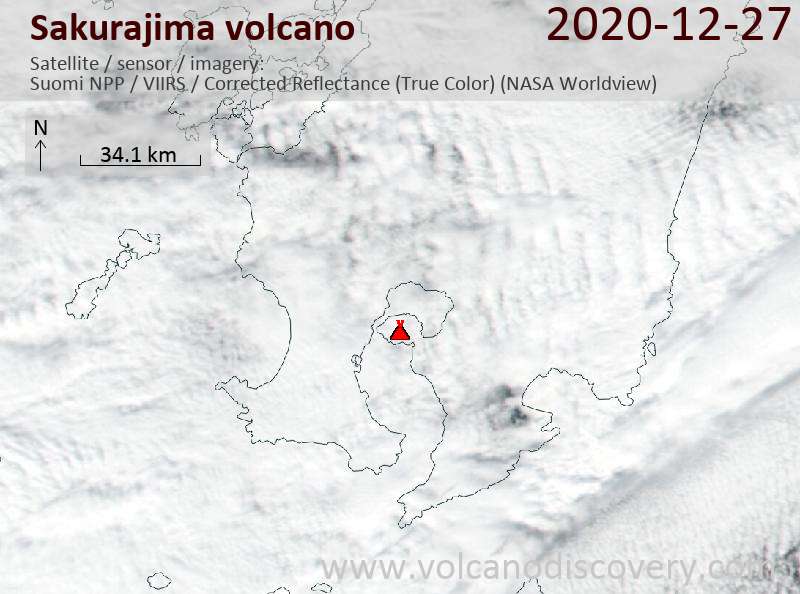 Satellite image of Sakurajima volcano on 28 Dec 2020