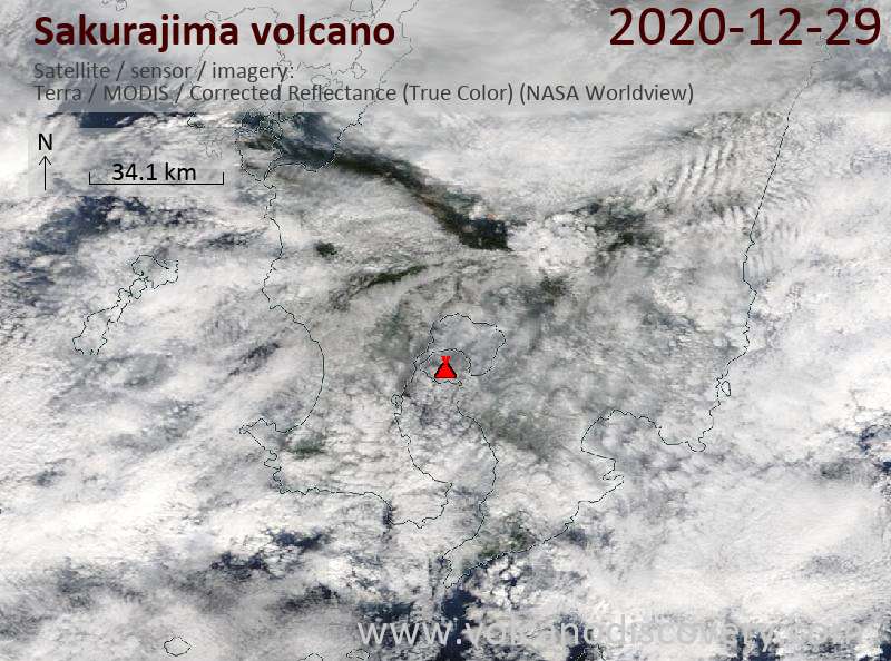 Satellite image of Sakurajima volcano on 29 Dec 2020