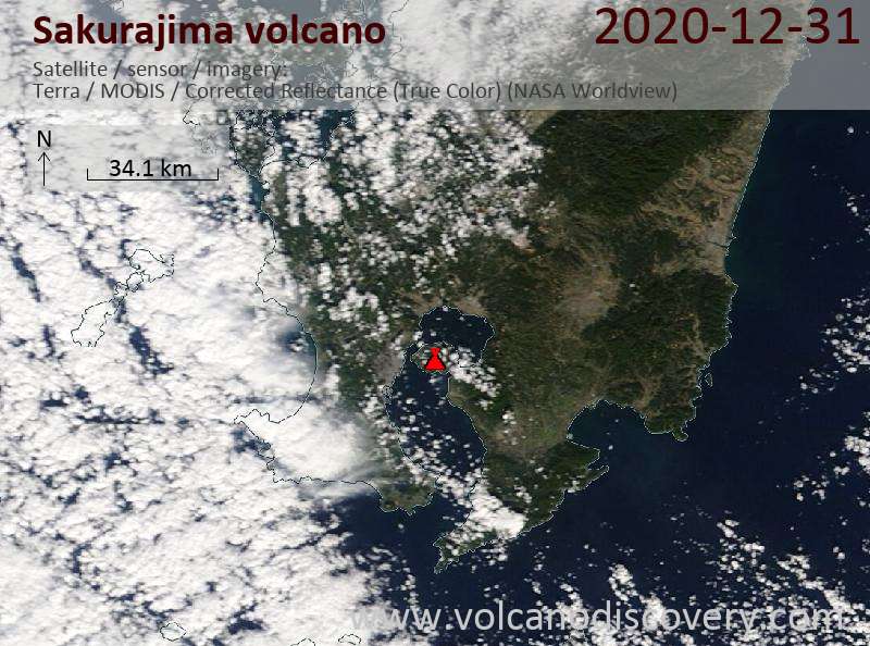 Satellite image of Sakurajima volcano on 31 Dec 2020