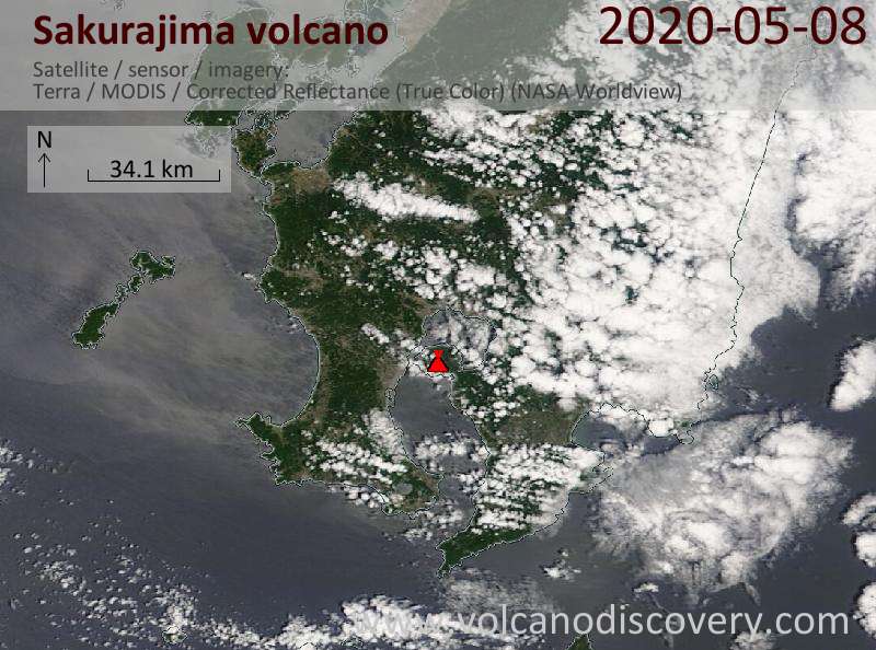 Satellite image of Sakurajima volcano on  8 May 2020