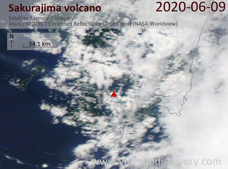 Satellite image of Sakurajima volcano on 10 Jun 2020