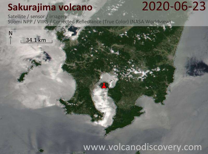 Satellite image of Sakurajima volcano on 23 Jun 2020