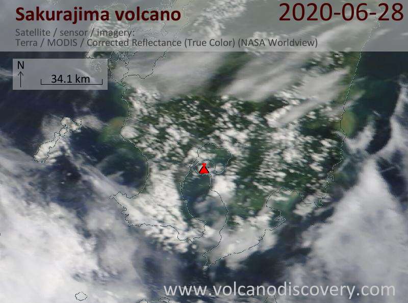 Satellite image of Sakurajima volcano on 28 Jun 2020
