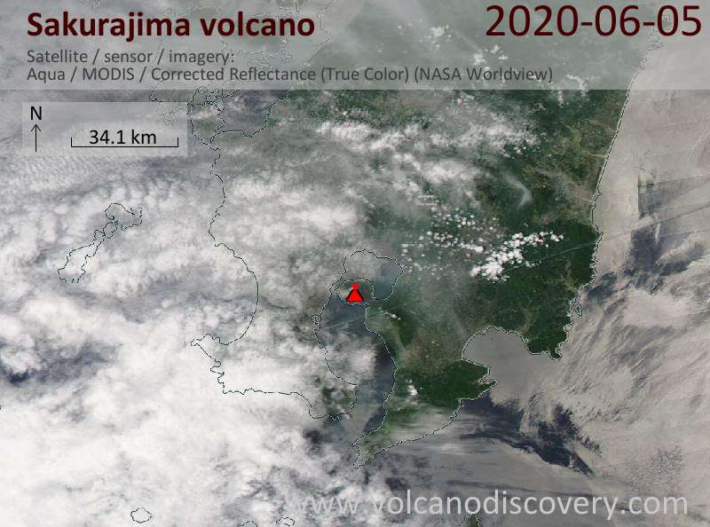 Satellite image of Sakurajima volcano on  5 Jun 2020