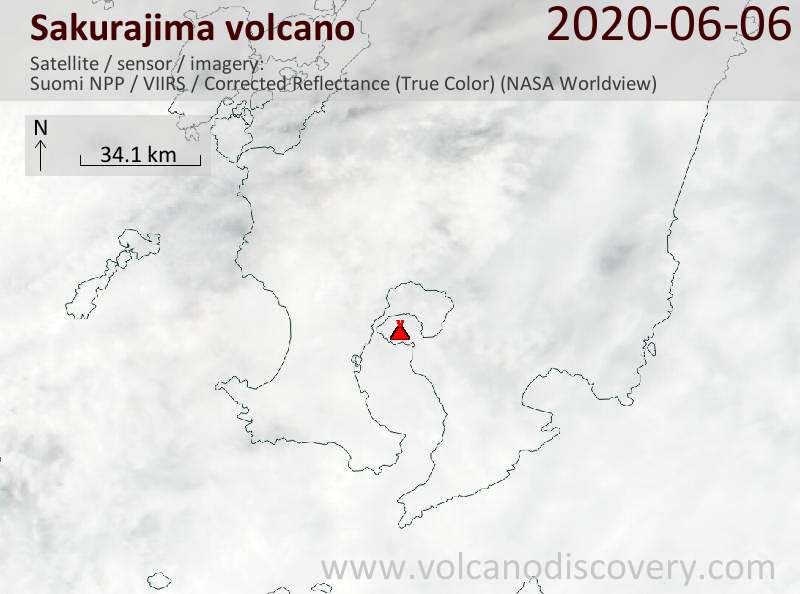 Satellite image of Sakurajima volcano on  6 Jun 2020