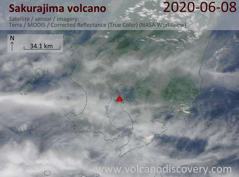 Satellite image of Sakurajima volcano on  8 Jun 2020