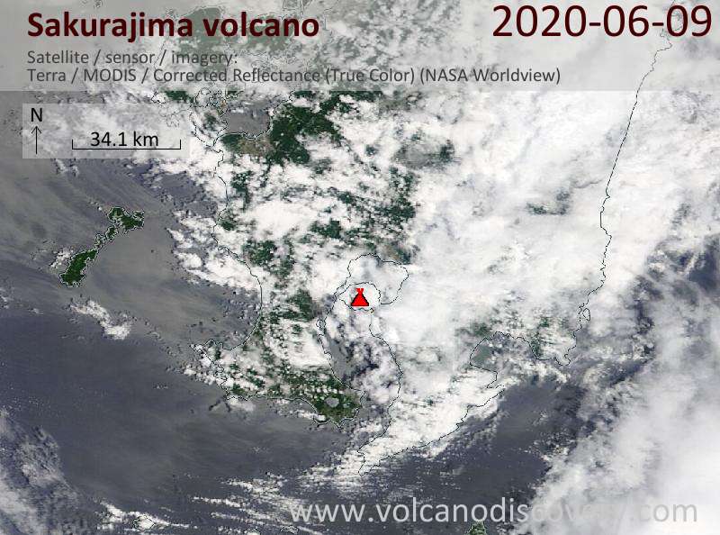 Satellite image of Sakurajima volcano on  9 Jun 2020