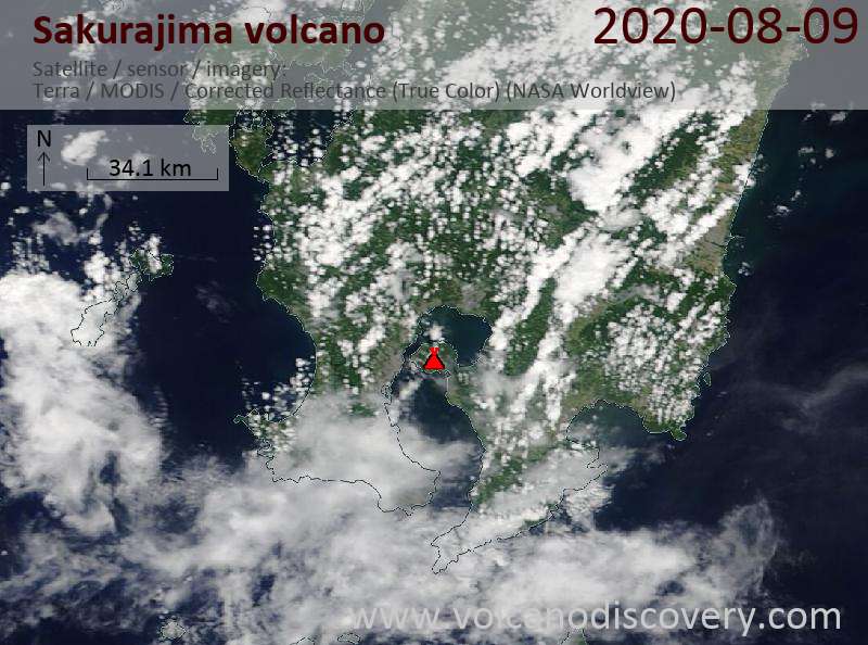 Satellite image of Sakurajima volcano on  9 Aug 2020