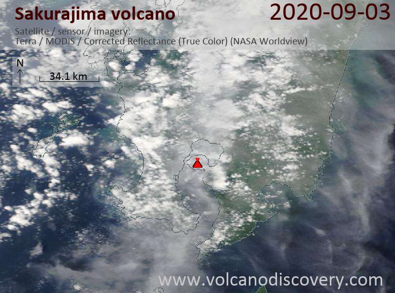 Satellite image of Sakurajima volcano on  3 Sep 2020