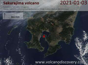 Satellite image of Sakurajima volcano on  3 Jan 2021