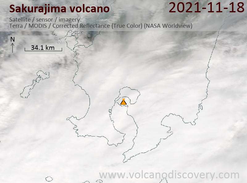 Satellite image of Sakurajima volcano on 18 Nov 2021