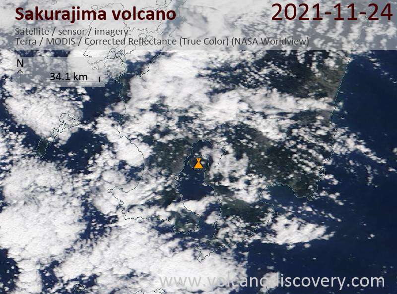 Satellite image of Sakurajima volcano on 25 Nov 2021