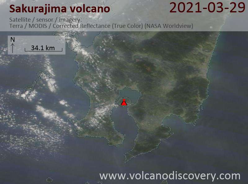 Satellite image of Sakurajima volcano on 29 Mar 2021
