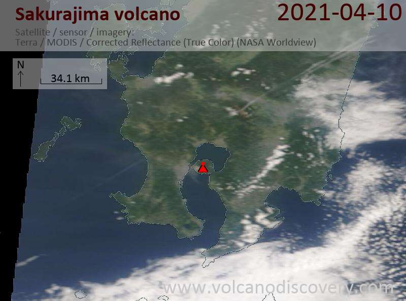 Satellite image of Sakurajima volcano on 10 Apr 2021