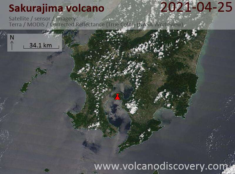 Satellite image of Sakurajima volcano on 25 Apr 2021
