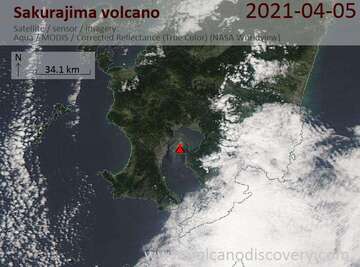 Satellite image of Sakurajima volcano on 5 Apr 2021