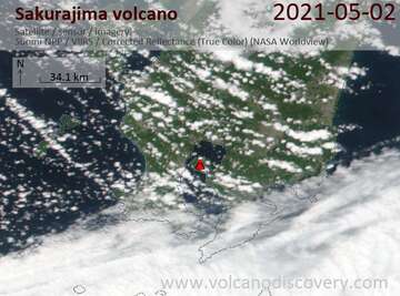 Satellite image of Sakurajima volcano on 2 May 2021