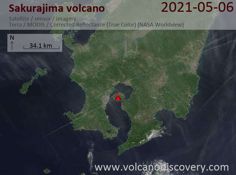 Satellite image of Sakurajima volcano on  6 May 2021
