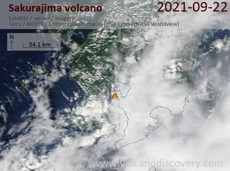 Спутниковое изображение вулкана Sakurajima 22 Sep 2021