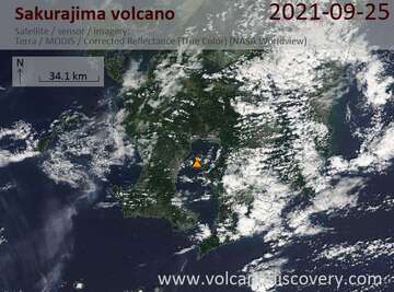 Satellite image of Sakurajima volcano on 26 Sep 2021
