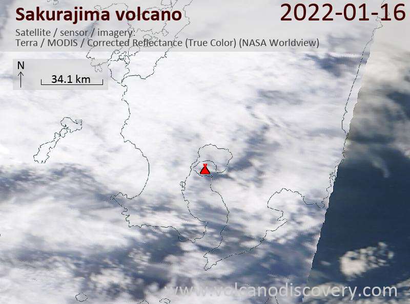 Satellite image of Sakurajima volcano on 17 Jan 2022