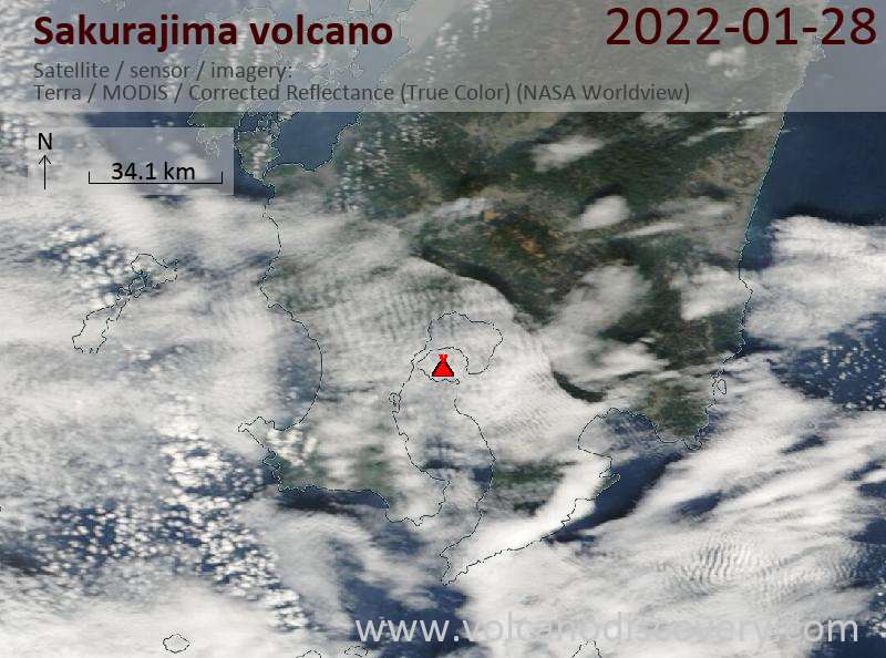 Satellite image of Sakurajima volcano on 28 Jan 2022