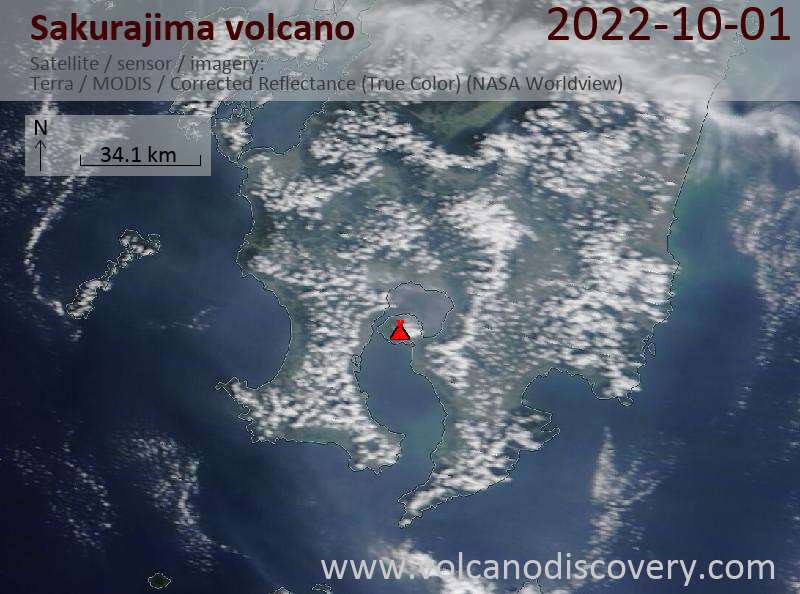 Satellite image of Sakurajima volcano on  1 Oct 2022