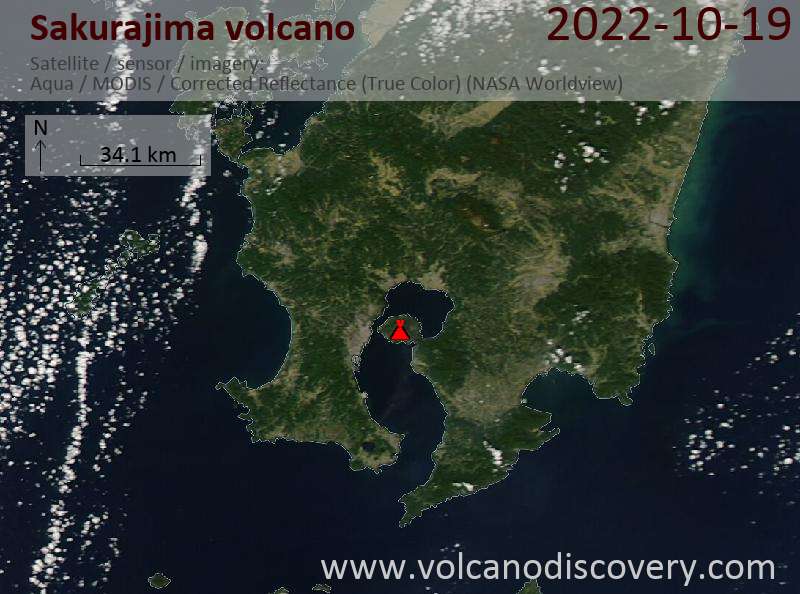 Imagen satelital del volcán Sakurajima el 19 de octubre de 2022