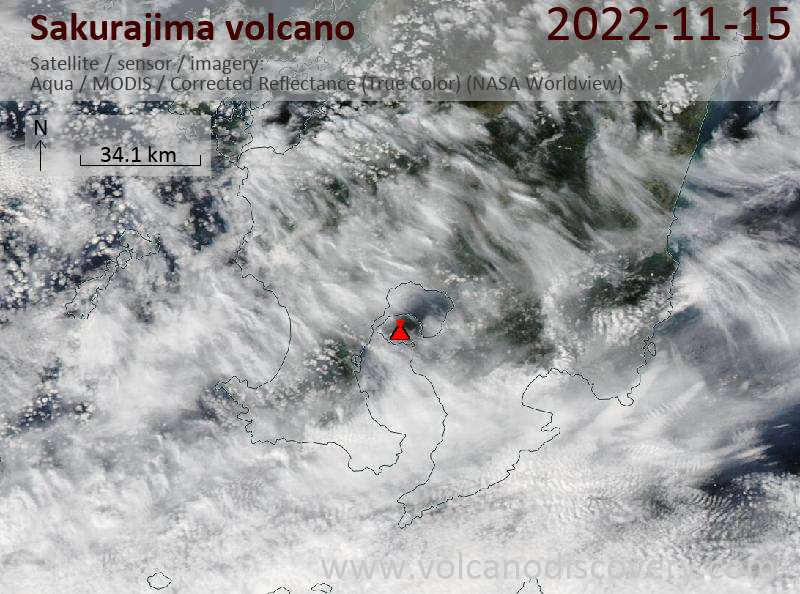 Satellite image of Sakurajima volcano on 15 Nov 2022