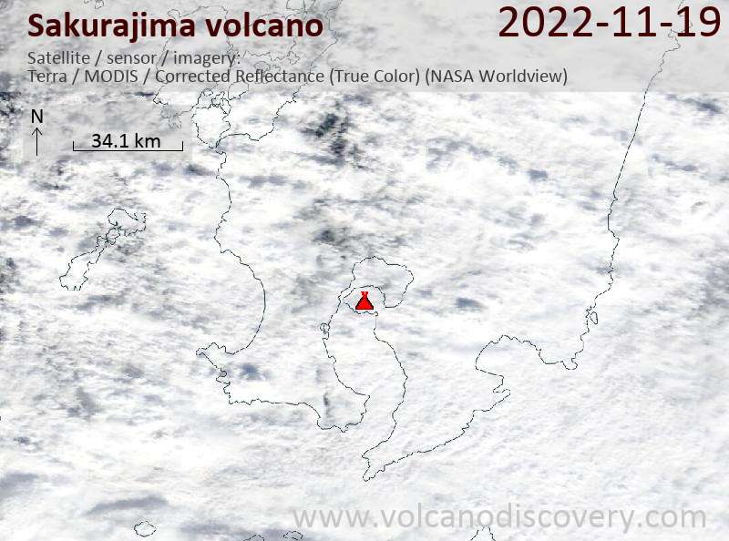 Satellite image of Sakurajima volcano on 19 Nov 2022