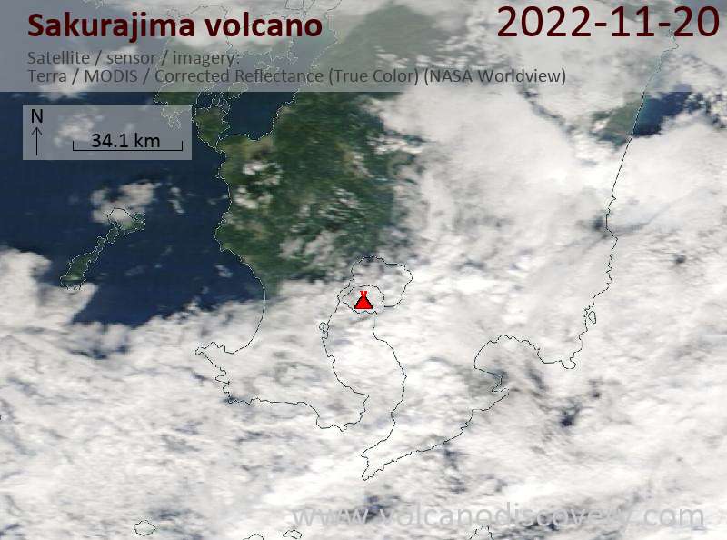 Спутниковое изображение вулкана Sakurajima 20 Nov 2022