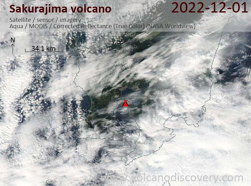 Satellite image of Sakurajima volcano on  1 Dec 2022