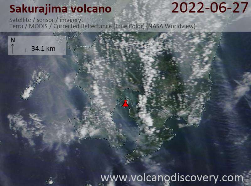 Satellite image of Sakurajima volcano on 27 Jun 2022