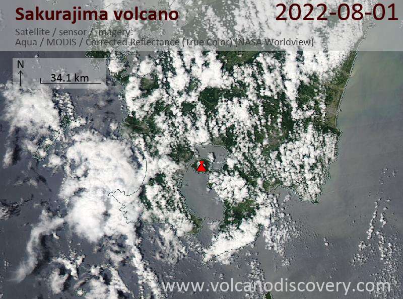 Satellite image of Sakurajima volcano on  1 Aug 2022