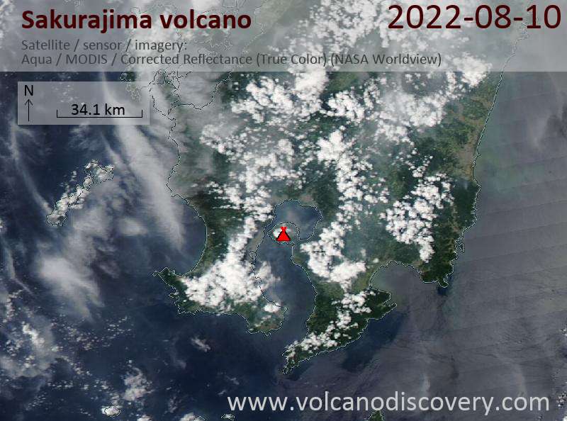 Satellite image of Sakurajima volcano on 10 Aug 2022
