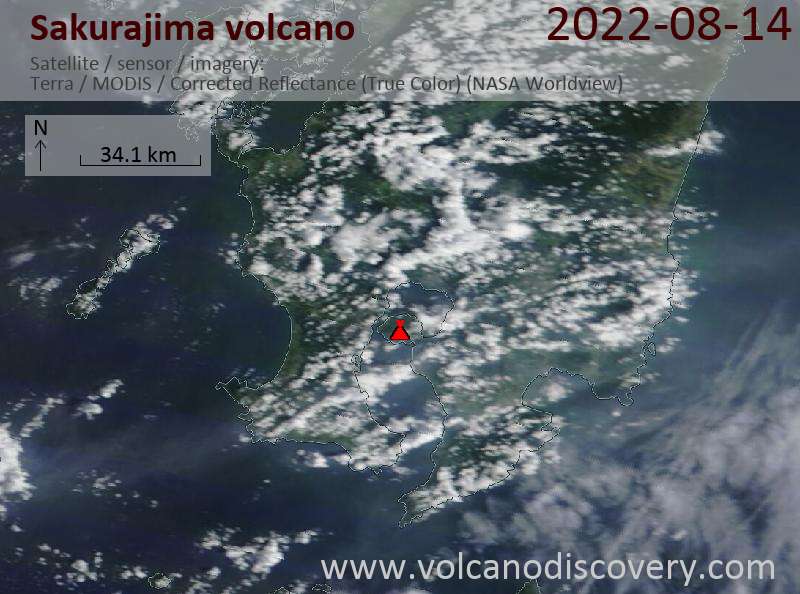 Satellite image of Sakurajima volcano on 14 Aug 2022