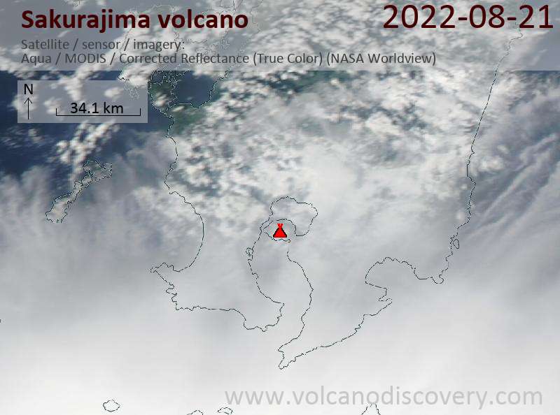 Satellite image of Sakurajima volcano on 21 Aug 2022