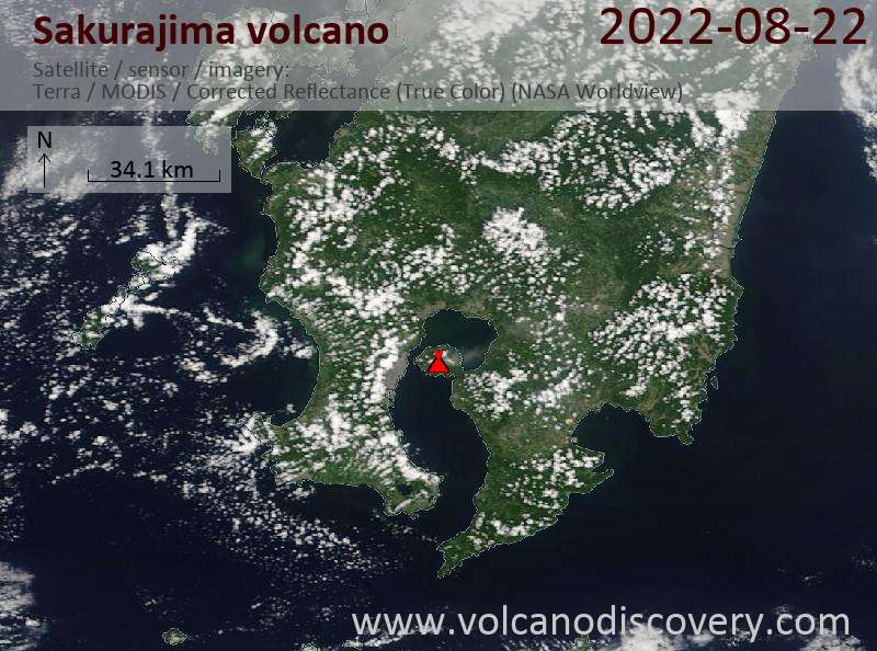 Imagen satelital del volcán Sakurajima el 22 de agosto de 2022