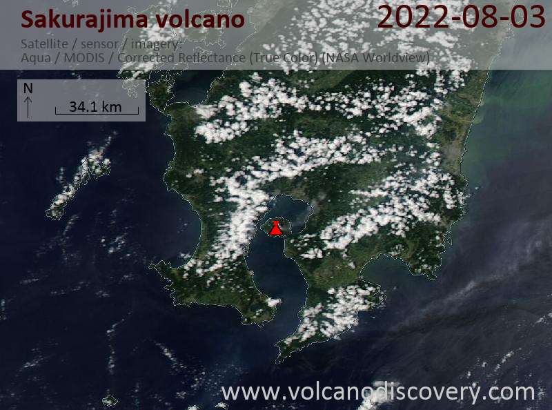 Satellite image of Sakurajima volcano on  3 Aug 2022