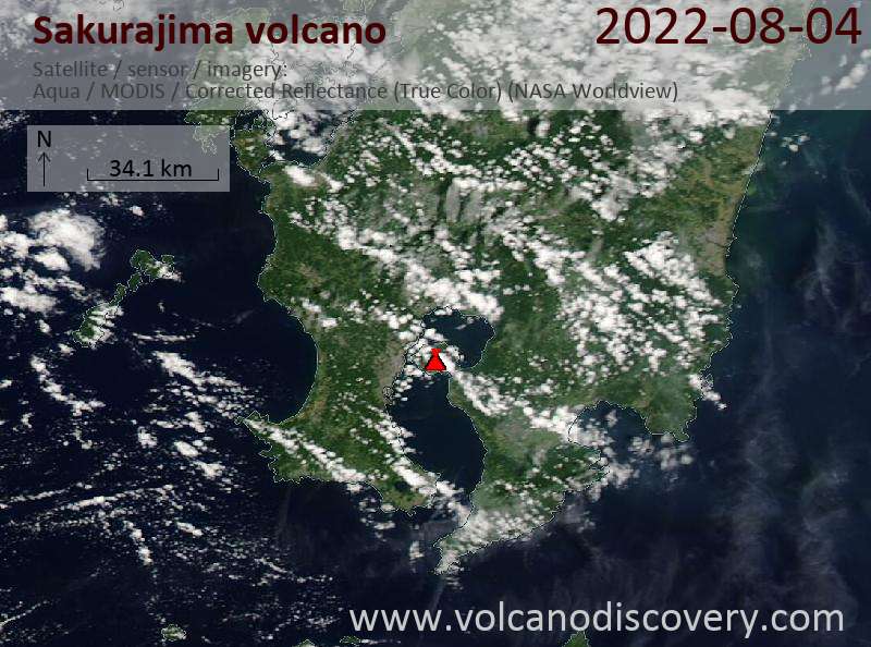 Satellite image of Sakurajima volcano on  5 Aug 2022