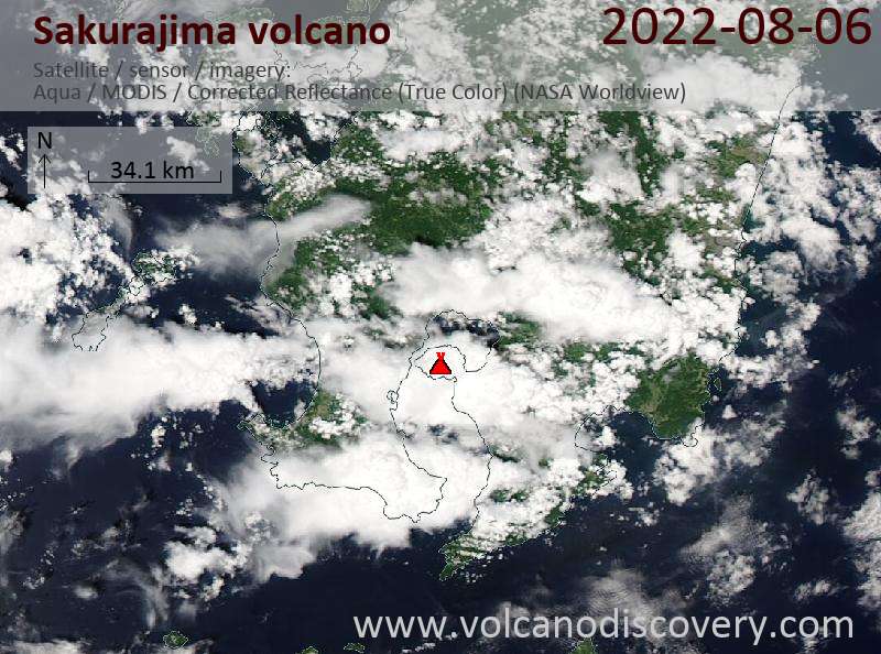 Satellite image of Sakurajima volcano on  6 Aug 2022