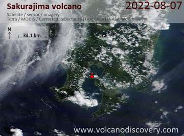 Satellite image of Sakurajima volcano on  7 Aug 2022