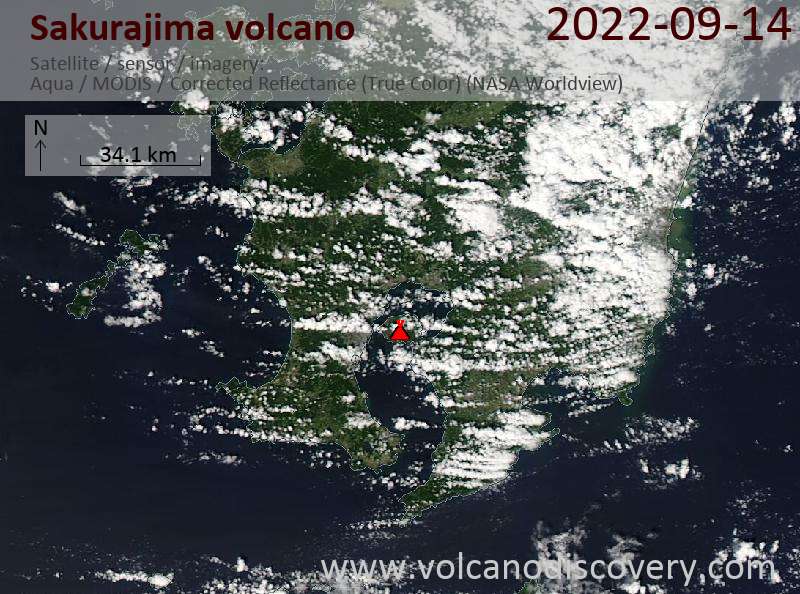 Satellite image of Sakurajima volcano on 14 Sep 2022